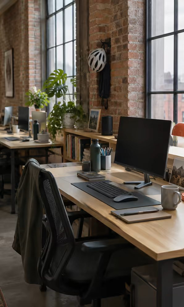 A bay of dedicated desks with monitors and plants at Loft Nine.