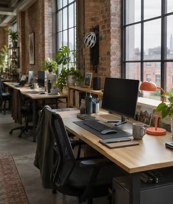 A bay of dedicated desks under the steel roof at Loft Nine.